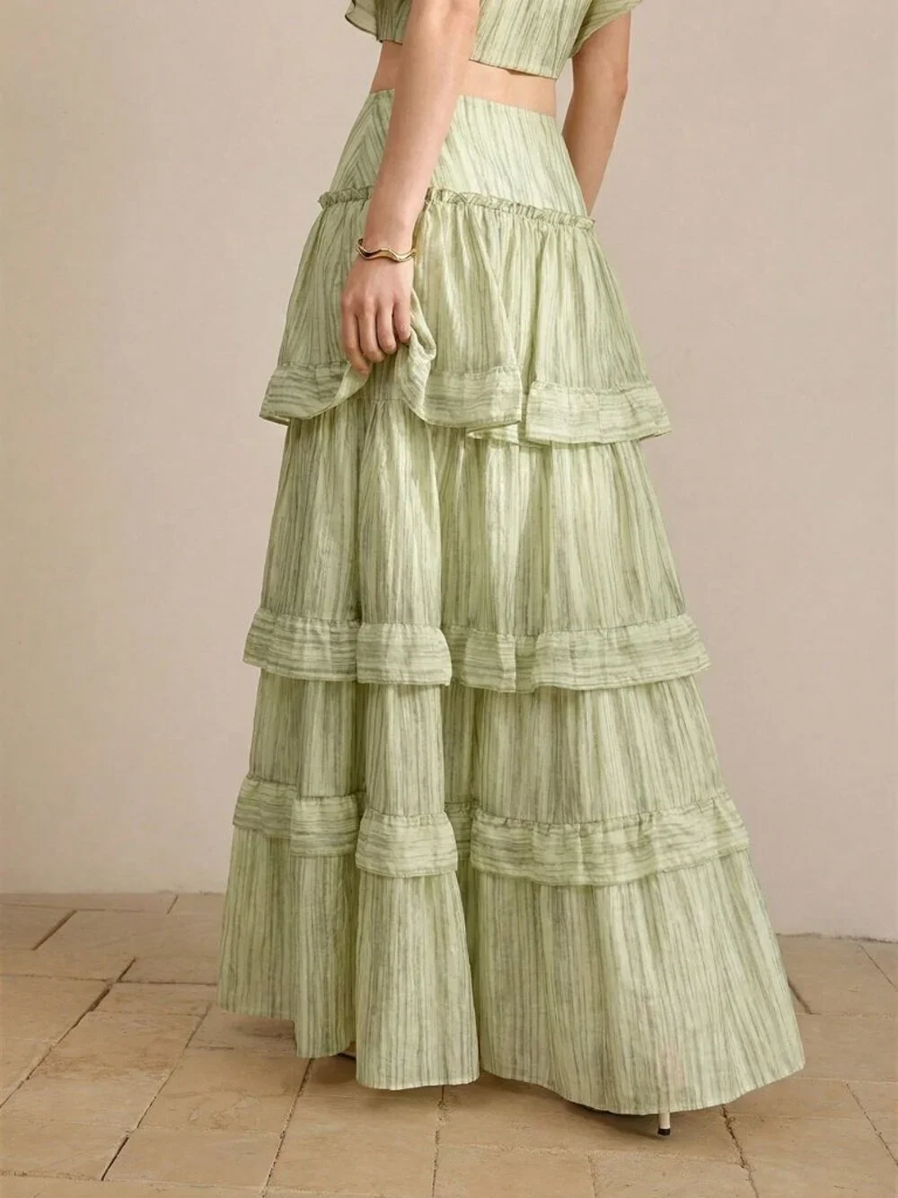 Green Boho Casual Women's Tiered Ruffle Multi-Layer Skirt